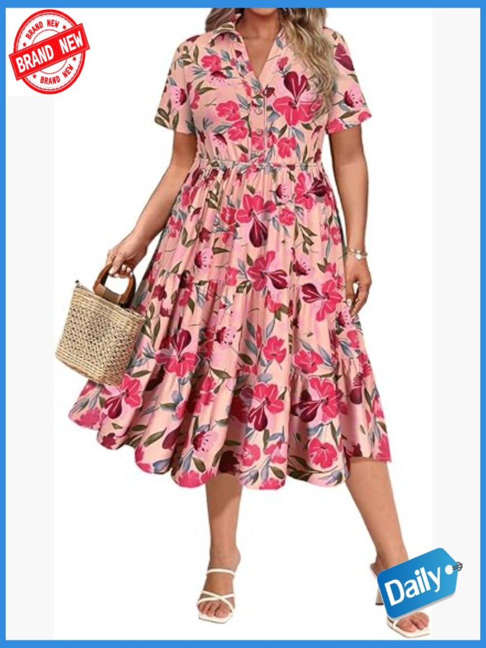 Plus Size Midi Summer Dress with Pockets Short Sleeve V-Neck